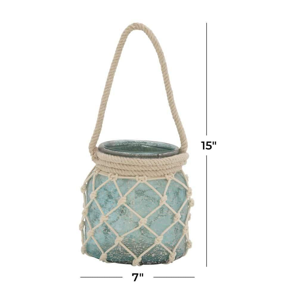 DecMode Blue Glass Decorative Candle Lantern with Rope Handle