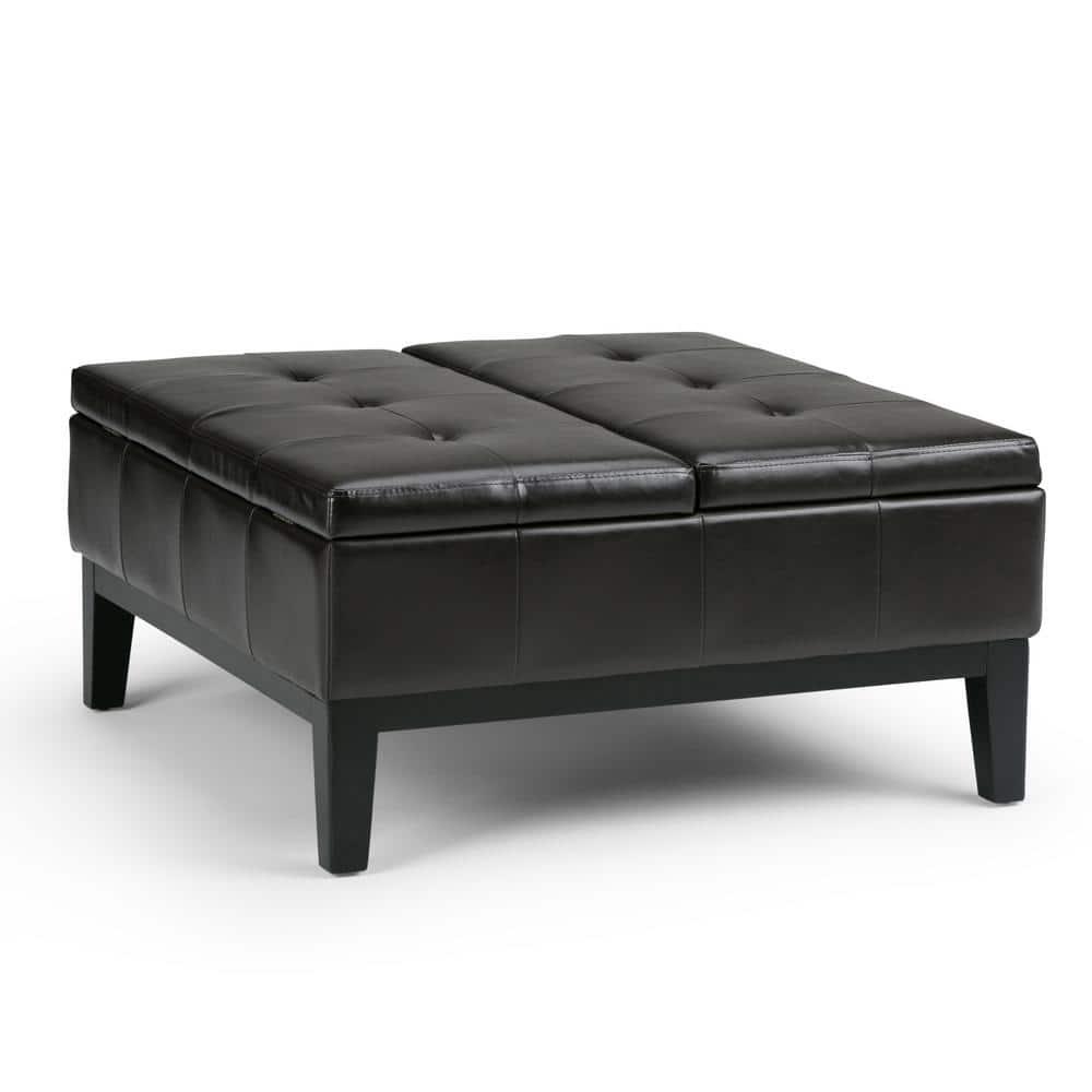 Simpli Home Dover 36"W Upholstered Square Coffee Table Storage Ottoman with Split Tufted Lift Top