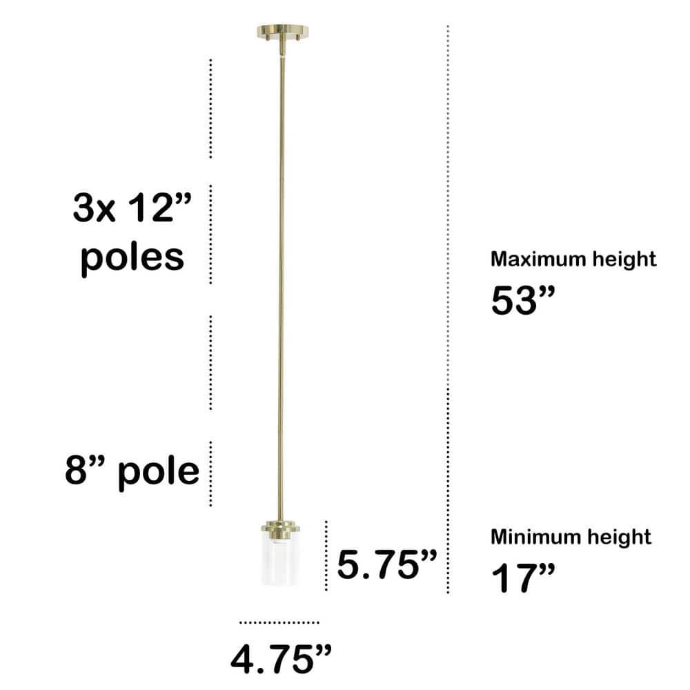 1-Light 5.75" Minimalist Industrial Farmhouse Adjustable Hanging Clear Cylinder Glass Pendant Gold - Lalia Home: UL Listed, Metal Body