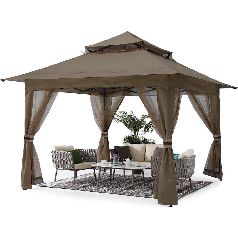 ABCCANOPY 13'x13' Gazebo Tent Outdoor Pop up Gazebo Canopy Shelter with Mosquito Netting, Brown