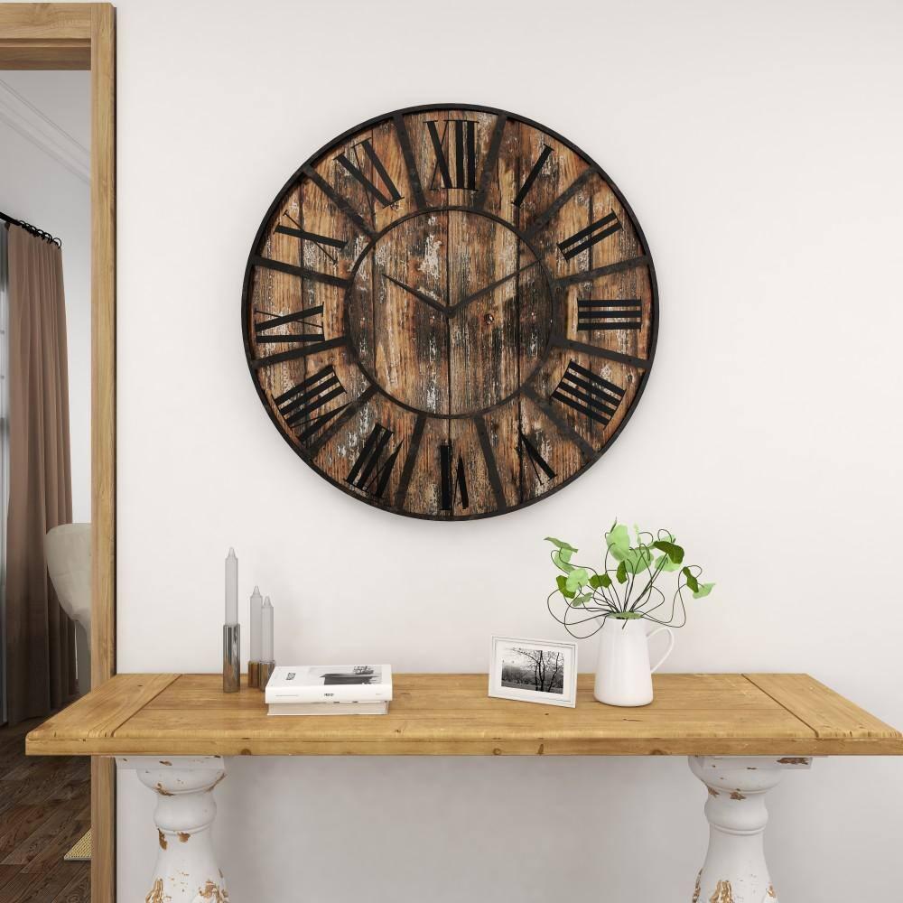 DecMode 36" Brown Wood Wall Clock with Black Accents
