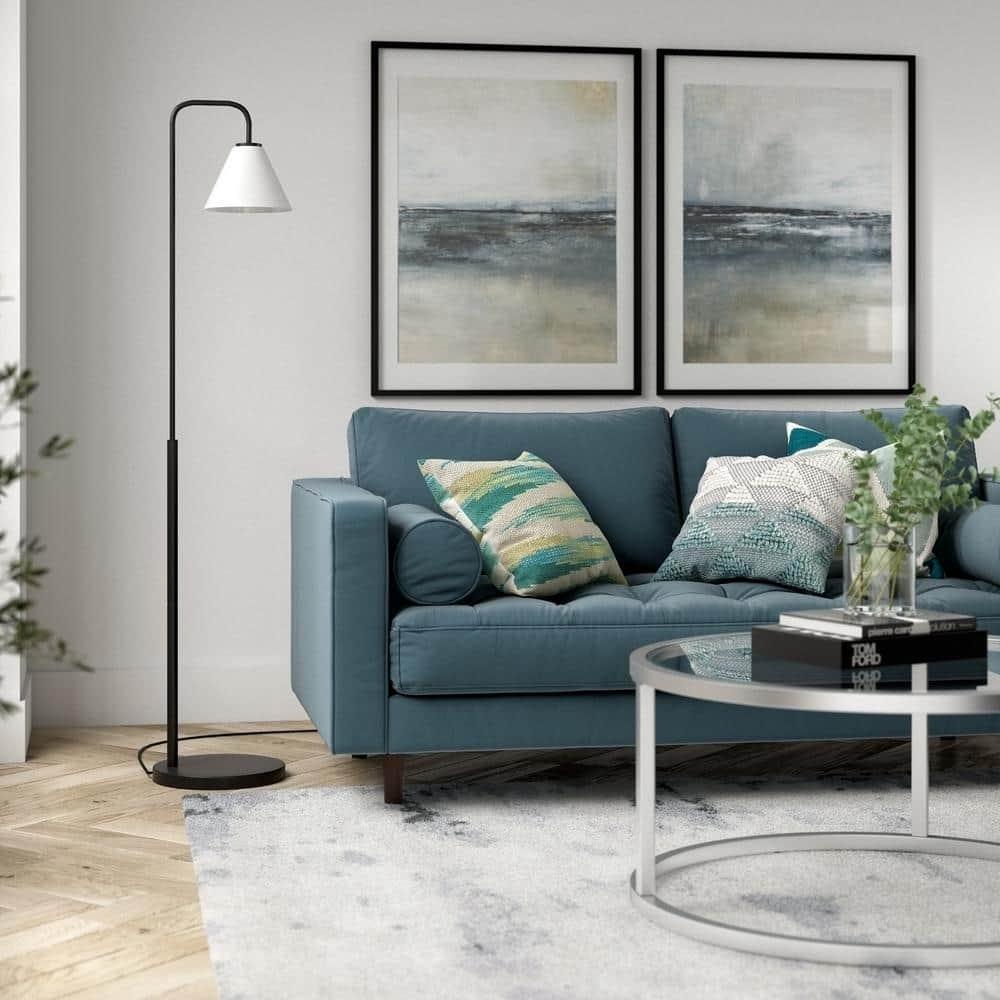 Evelyn&Zoe Henderson Arc Floor Lamp with Glass Shade, Blackened Bronze/White Milk