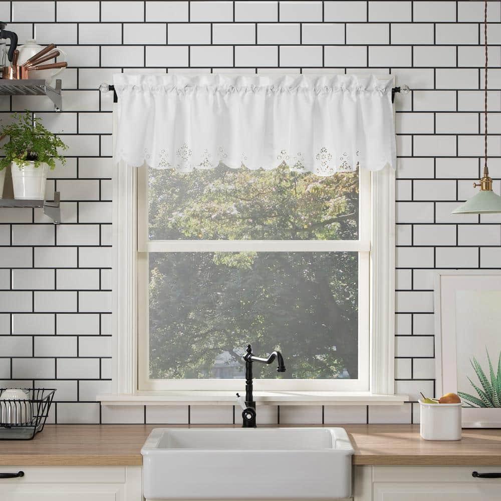 14"x58" Mariela Floral Trim Semi-Sheer Rod Pocket Kitchen Window Valance and Tiers Set White - No. 918: Light Filtering Kitchen Curtains Set