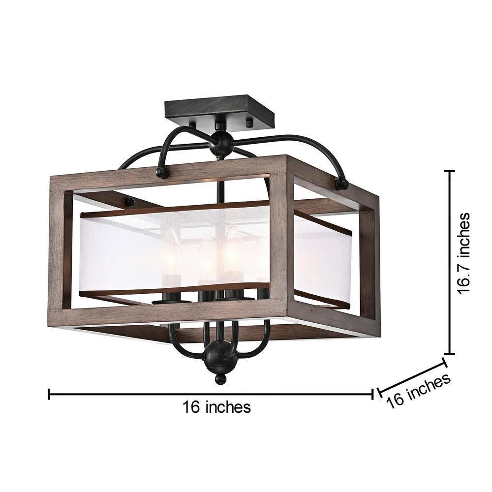 The Lighting Store Alina Antique Black Metal Natural Wood Flush Mount with Fabric Shade