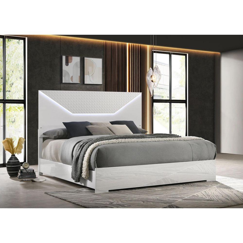 Coaster Ives LED Headboard Wood Queen Panel Bed White High Gloss