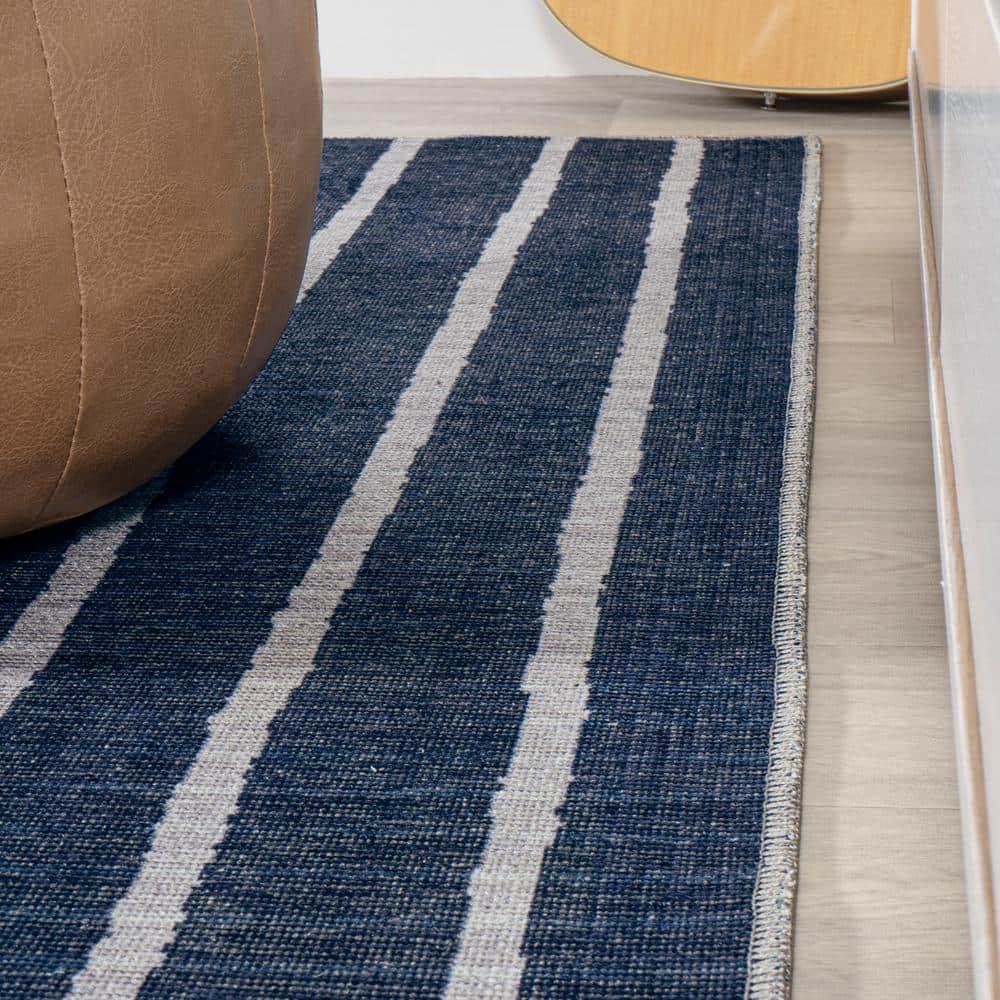 5' x 8' Rand Distressed Ticking Stripe Machine-Washable Area Rug, Navy/Ivory - JONATHAN Y