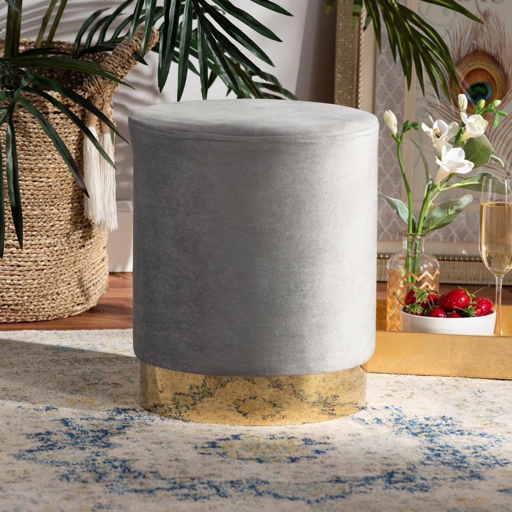Chaela Velvet Metal Ottoman Gray/Gold - Baxton Studio