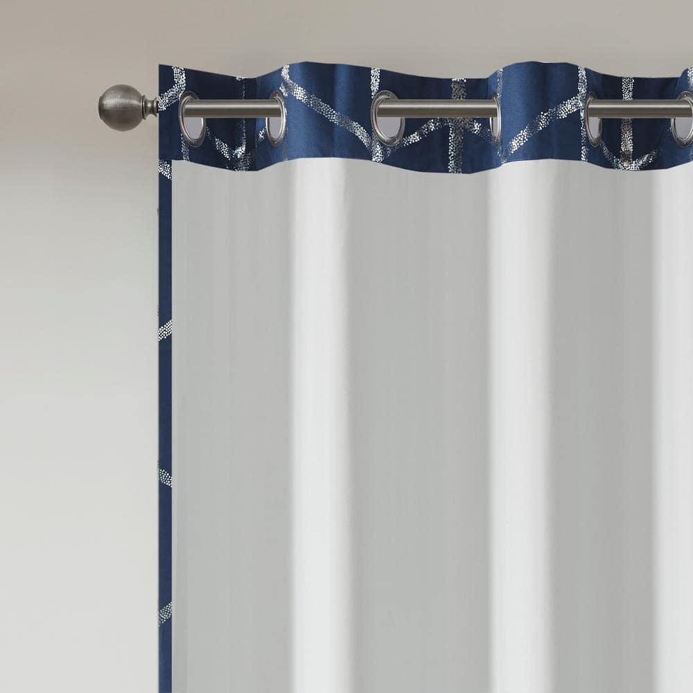 63"x50" Arielle Total Blackout Metallic Printed Curtain Panel Navy: Intelligent Design, Geometric Grommet Top, Energy Efficient