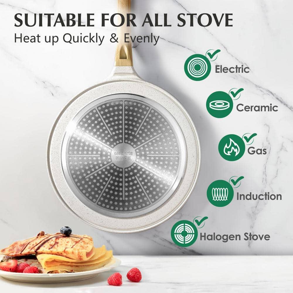 SENSARTE Nonstick Crepe Pan with Spreader, 10-Inch Natural Ceramic Coating Dosa Pan Pancake Flat Skillet Tawa Griddle with Stay-Cool Handle, Induction Compatible (White)