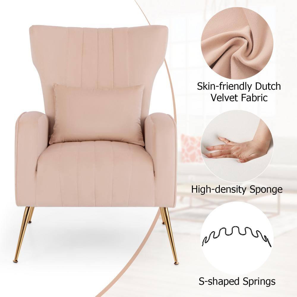Kepooman Accent Chair, Modern Sofa Chair, Wingback Club Chairs,Velvet Upholstered Wingback Chair with Lumbar Pillow and Golden Metal Legs-Pink