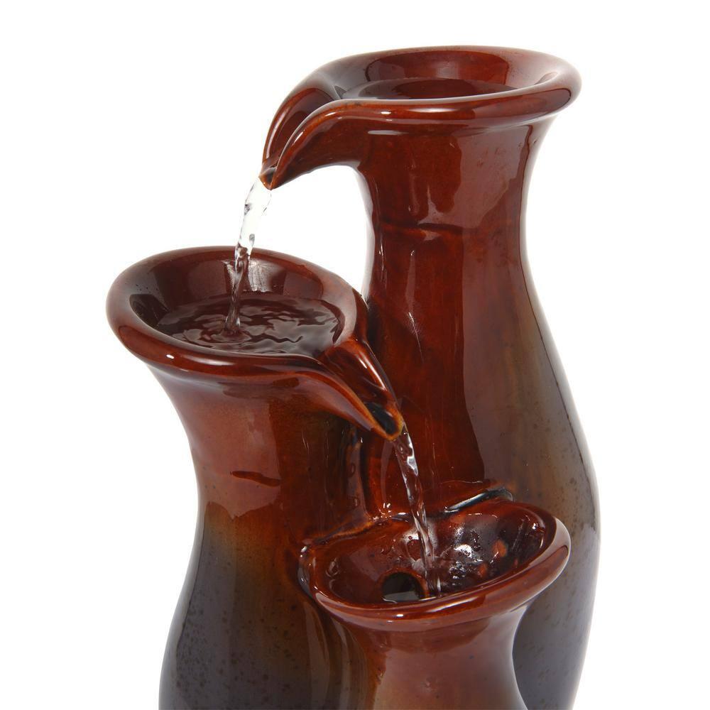 Alpine Corporation 11"H Indoor Tiered Glossy Ceramic Vase Tabletop Fountain, Brown/Gray