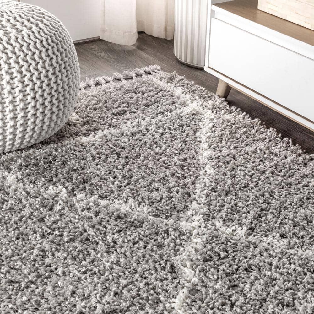 4'x6' Mercer Shag Plush Tassel Moroccan Geometric Trellis Area Rug, Grey/Cream - JONATHAN Y
