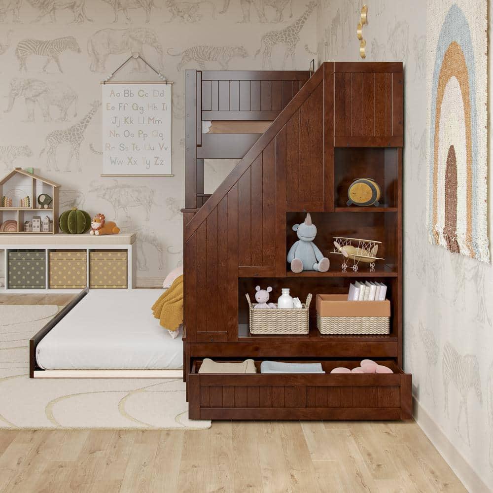 Walnut Twin Over Twin Bunk Bed with Storage Drawer and Trundle