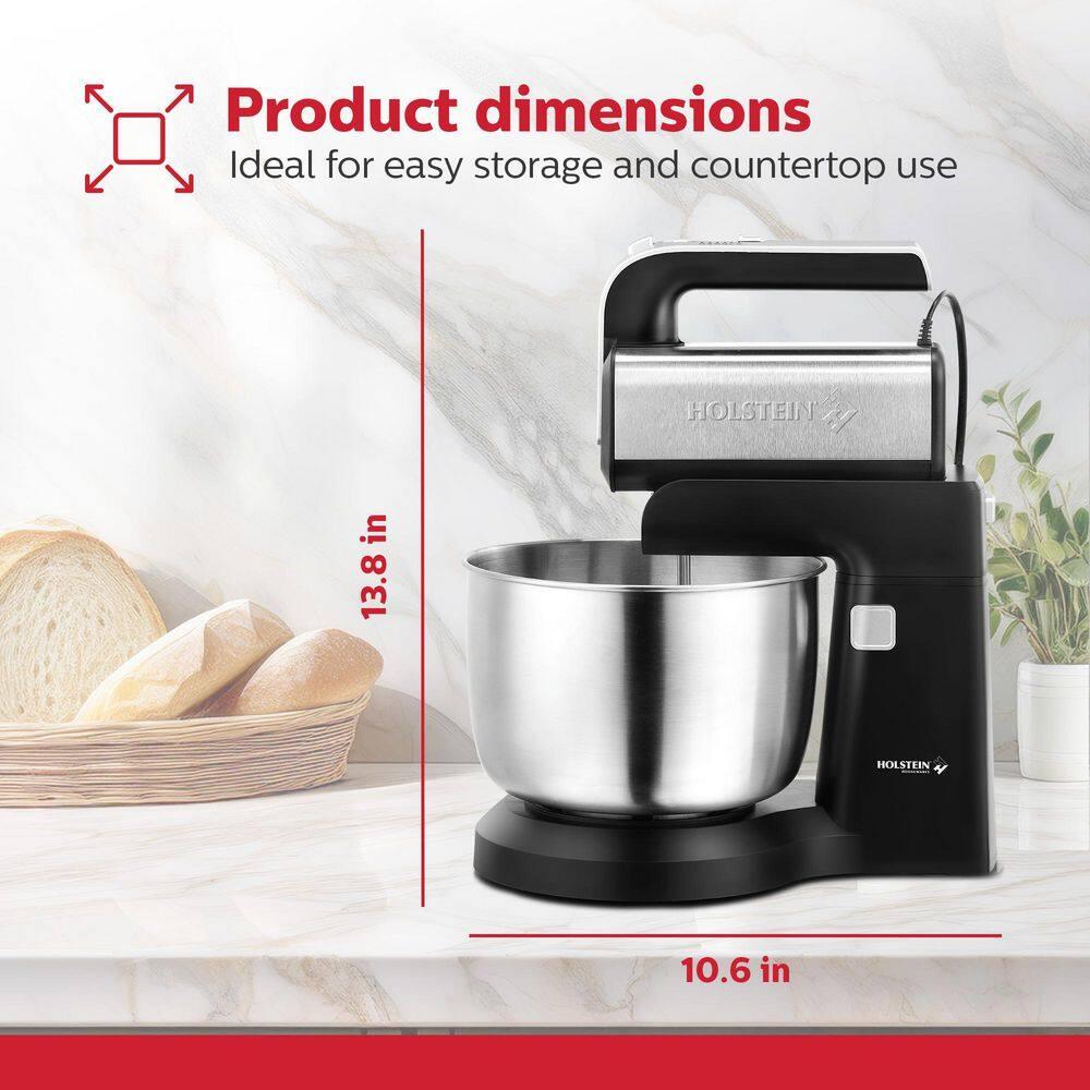 Holstein Housewares 2.9 QT 5-Speed Hand and Stand Mixer with LED Light, Black/Stainless Steel
