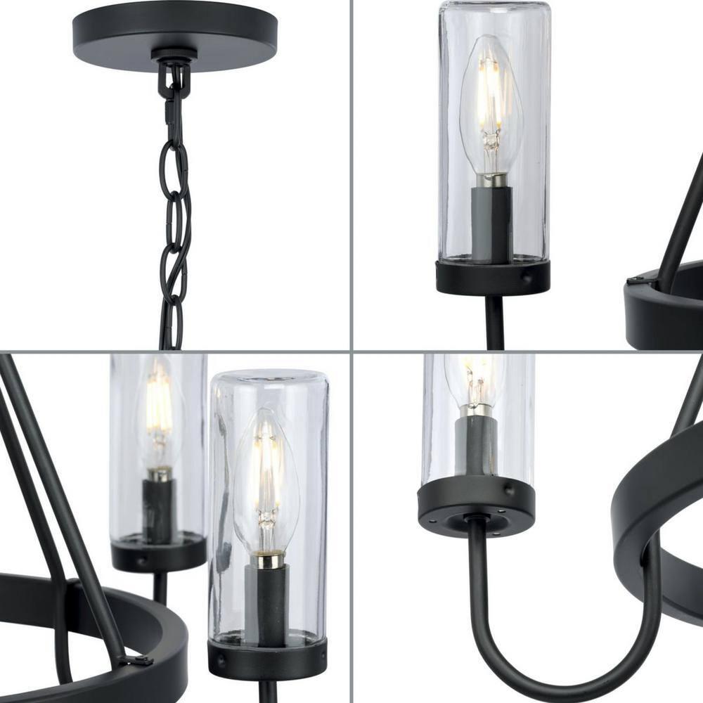 Progress Lighting Swansea 5-Light Outdoor Living Round Chandelier, Matte Black, Clear Glass