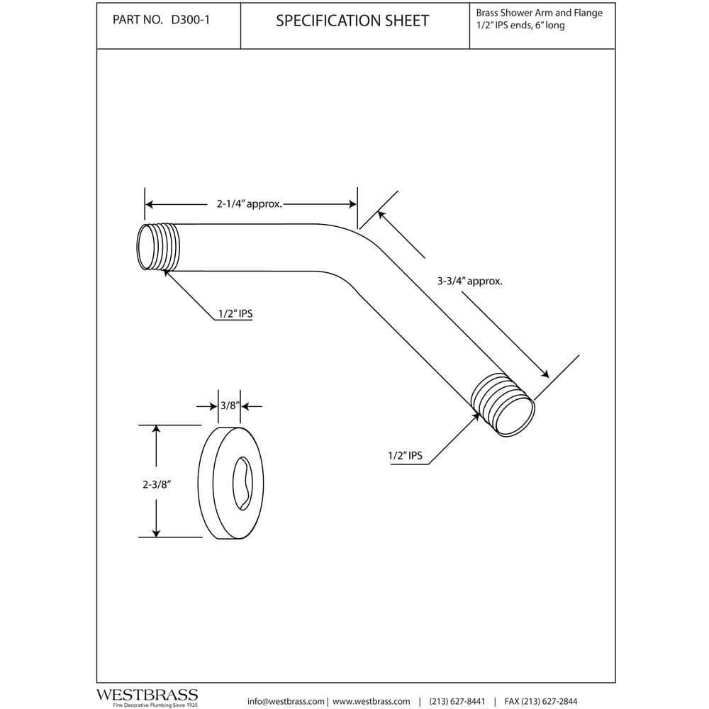 Westbrass 1/2" IPS x 6" Wall Mount Shower Arm with Sure Grip Flange D300-1-01