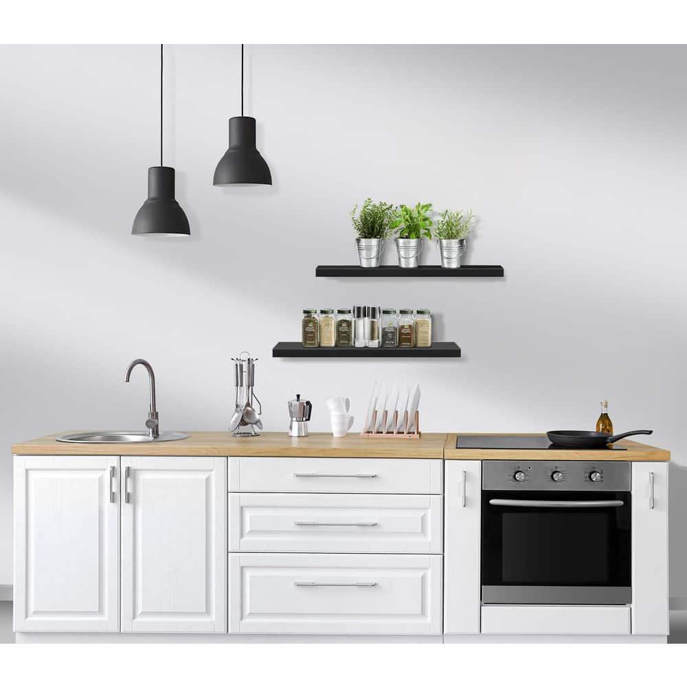 24" Black Solid Wood Floating Wall Shelves Set of 2