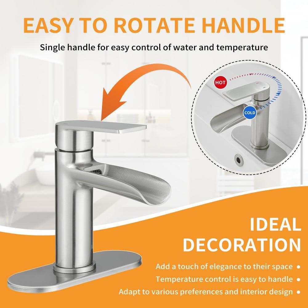 BWE Bathroom Faucets Waterfall Bathroom Faucet with Pop Up Drain for Bathroom Sink Single Hole Farmhouse RV Bathroom Basin Faucet Brushed Nickel