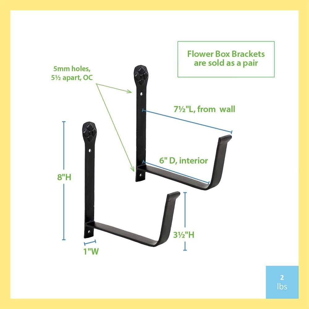 Black Iron 6-Inch Wall-Mount Flower Box Brackets