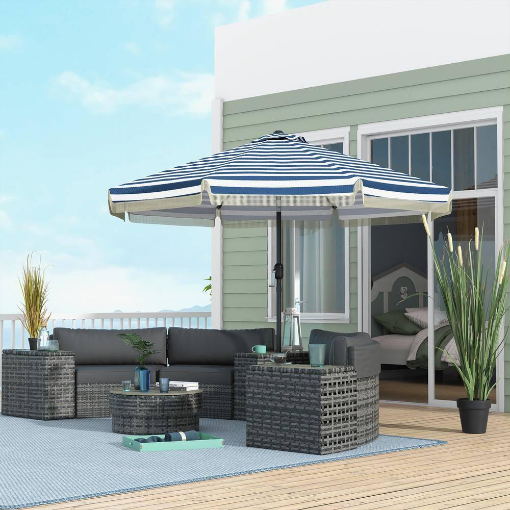 Outsunny 9' Patio Umbrella with Push Button Tilt and Crank Outdoor Double Top Market Umbrella, Blue Striped