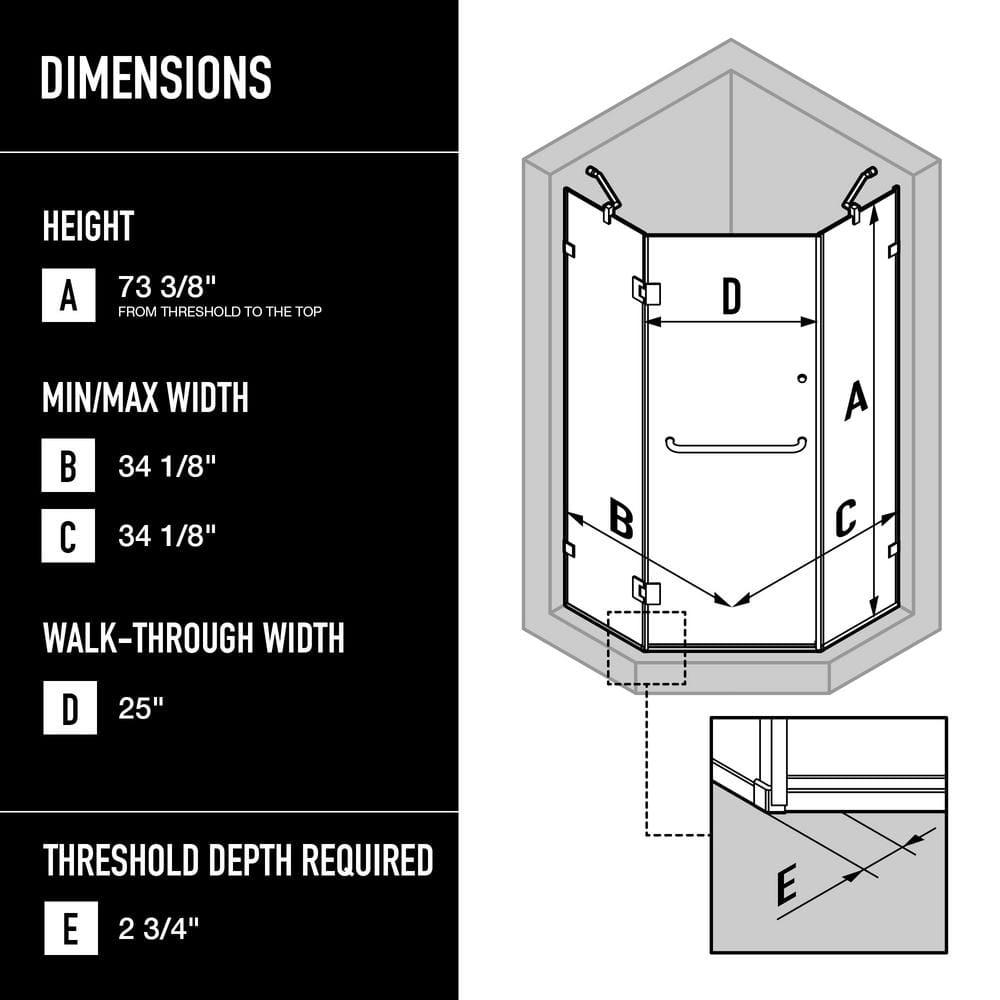 Piedmont 34" W x 34" D x 73" H Hinged Frameless Shower Enclosure with 3/8Clear Glass