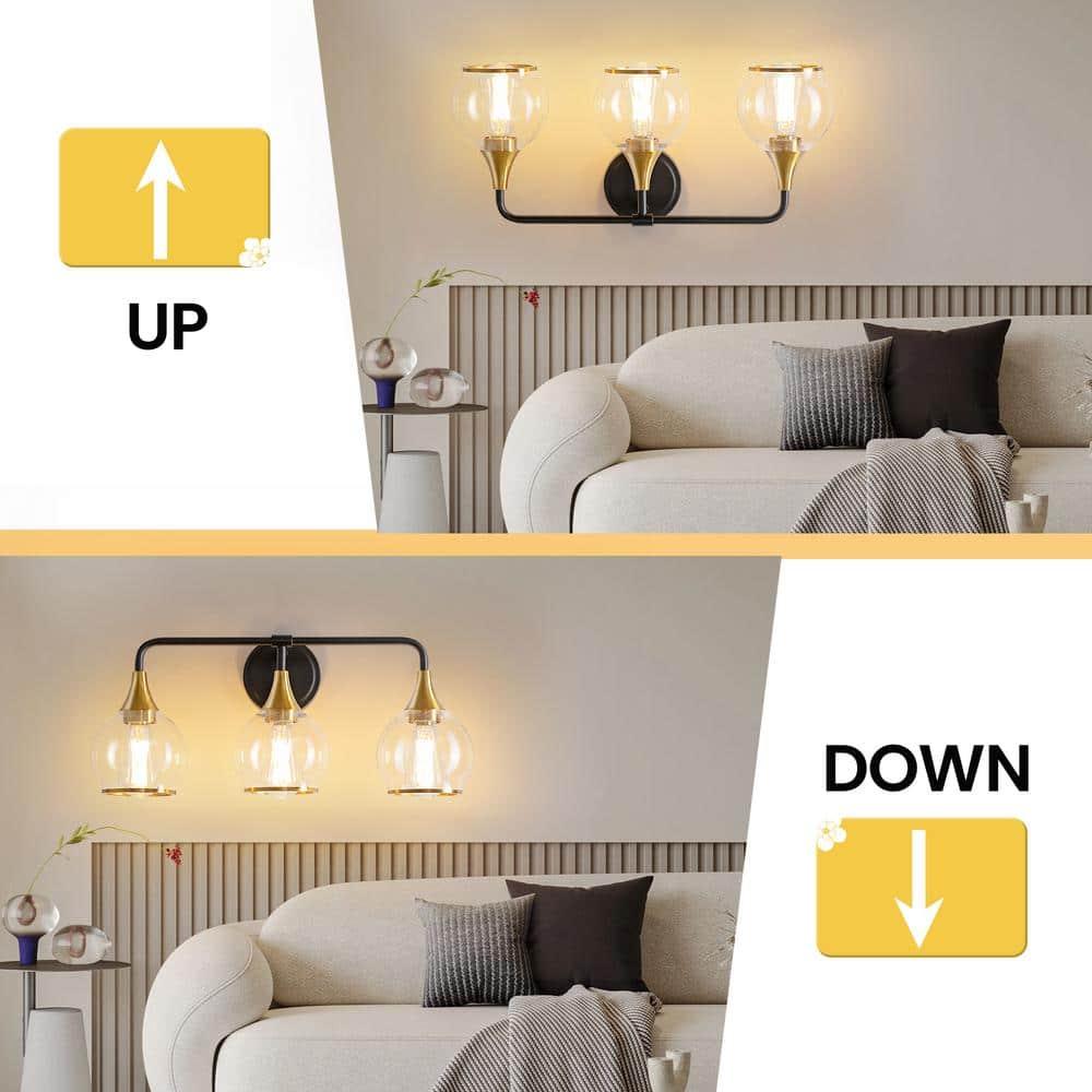 KAISITE 3-Light Black & Gold Dimmable Vanity Light with Clear Glass Shades