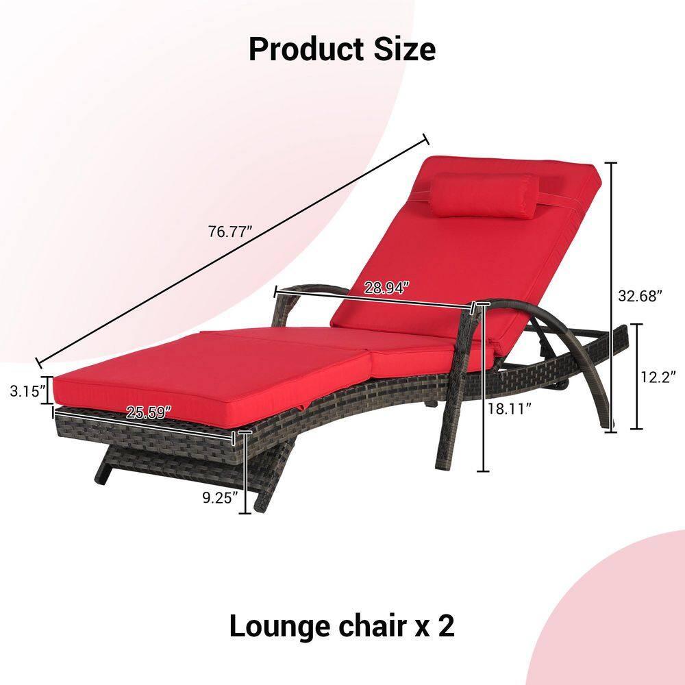 PAPROOS Outdoor Chaise Lounge Chair Set of 2, Rattan Patio Chaise Lounge Chair with Cushion and Arms, Modern 5-Positions Adjustable Outdoor Lounger Recliner for Poolside, Garden, Backyard, Red