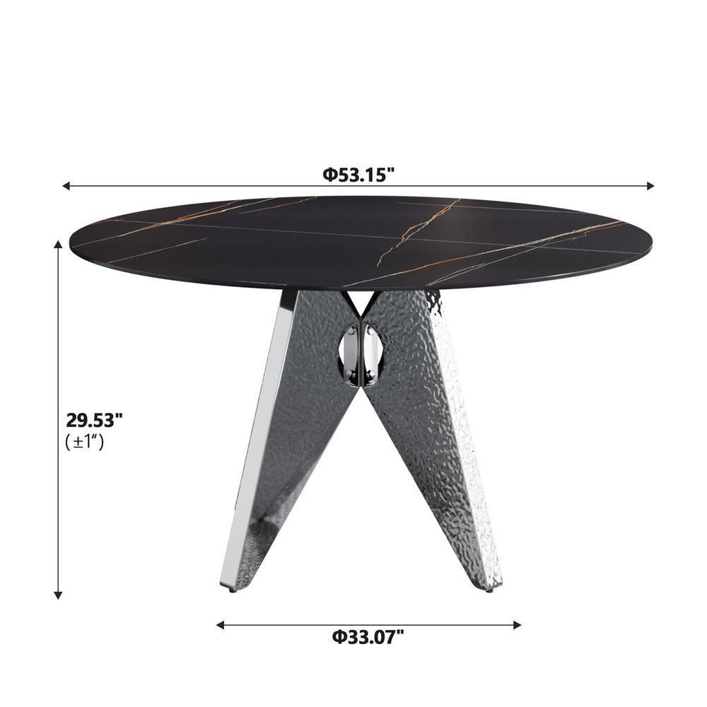 53.1 in. Black Round Sintered Stone Tabletop Silver Pedestal Base Kitchen Dining Table (Seats-6)