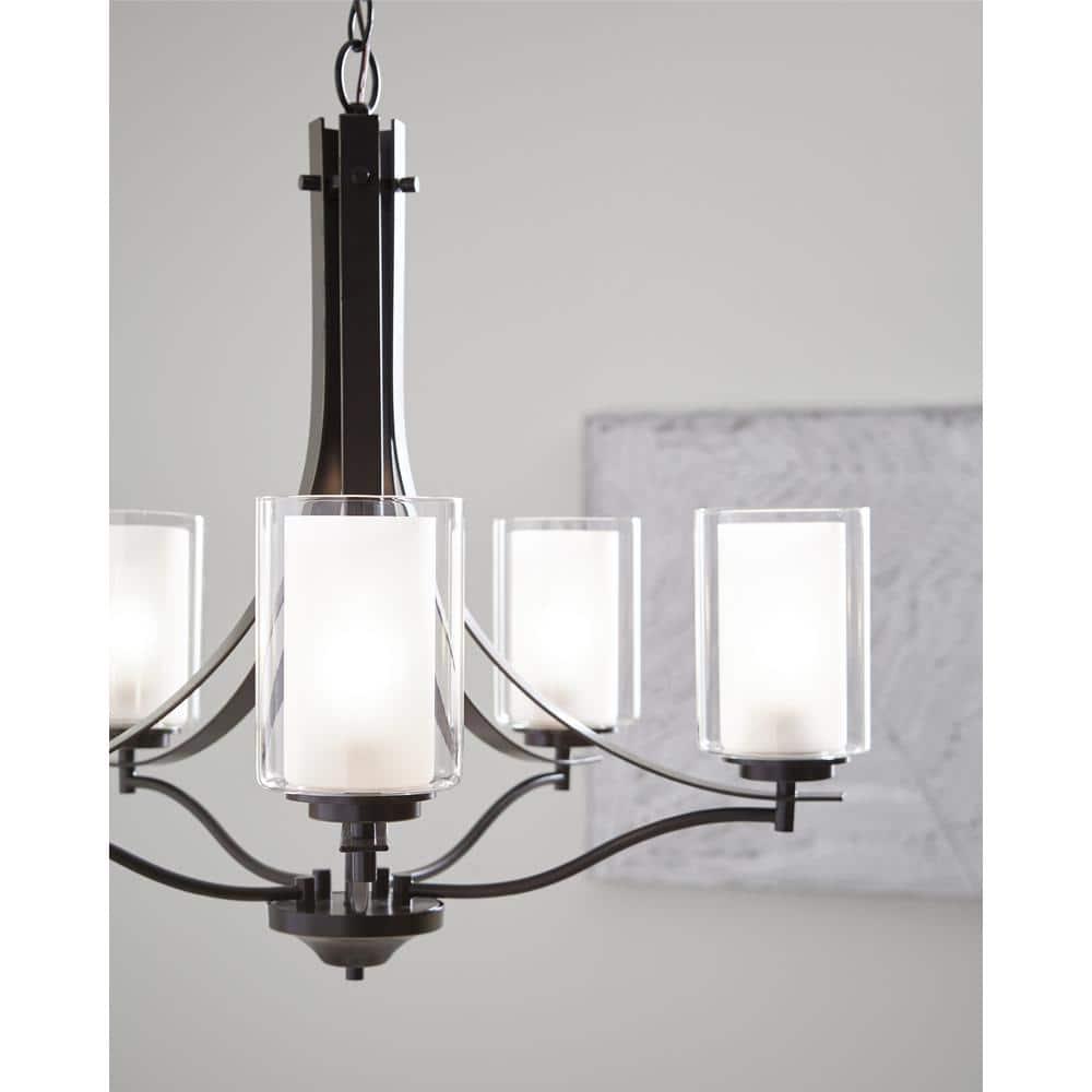 Elmwood Park 5-Light Bronze Modern Transitional Hanging Candlestick Chandelier with Satin Etched Glass Shades