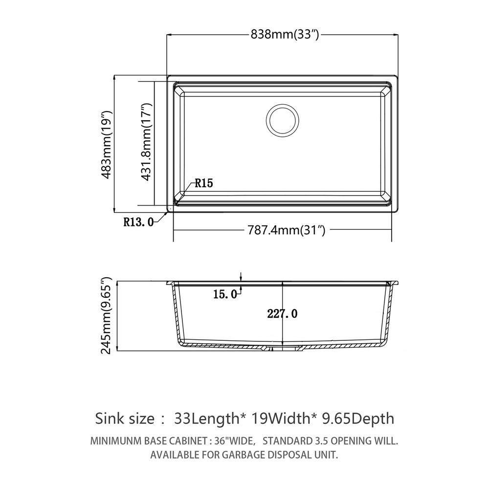 33 in. x 19 in. Undermount Kitchen Sink, 16-Gauge Granite Composite Workstation Sinks Single Bowl in Black