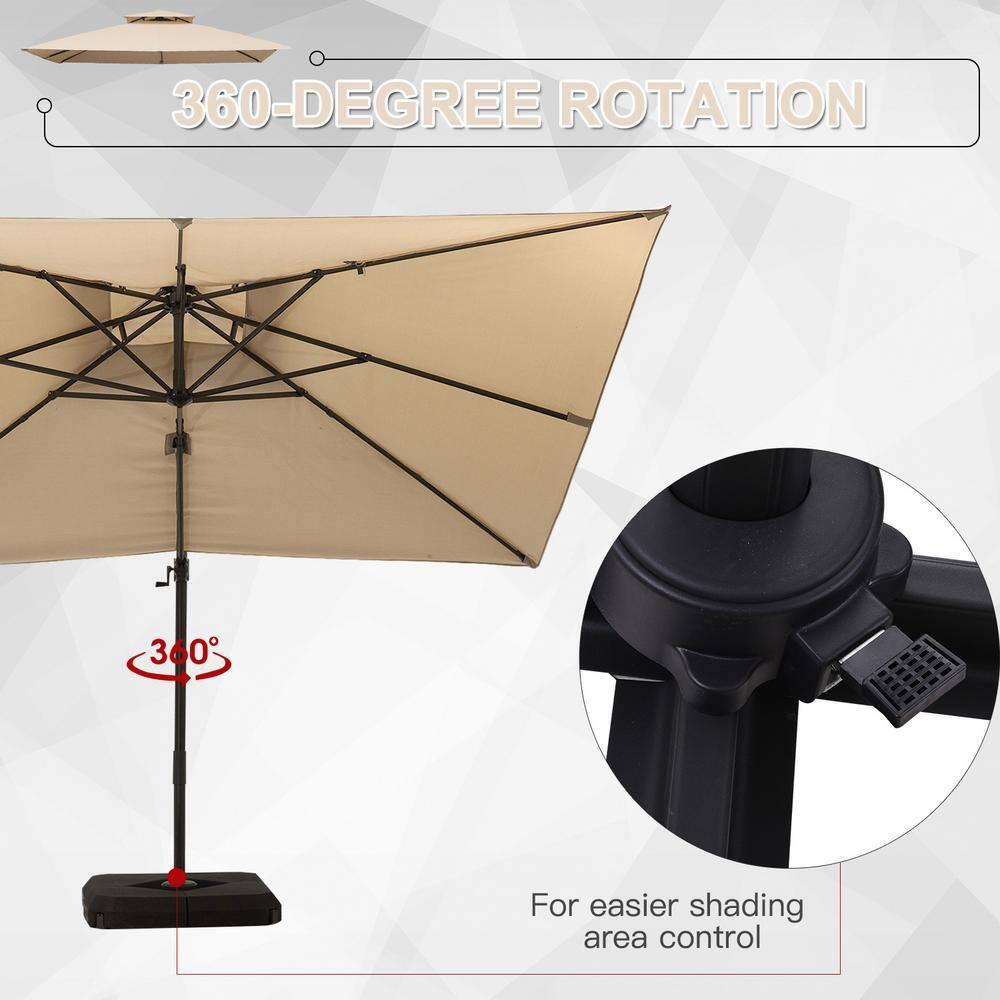 Outsunny 10ft Offset Patio Umbrella with Base, Double Top Hanging Aluminum Cantilever Umbrella with 360-degree Rotation, Easy Tilt, 8 Ribs, Crank, Cross Base, Cover, Strap