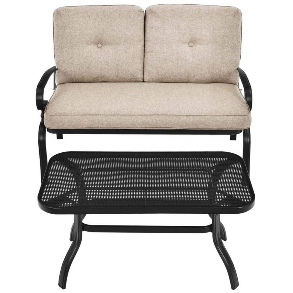 Beige Cushioned Steel Patio Loveseat with Coffee Table