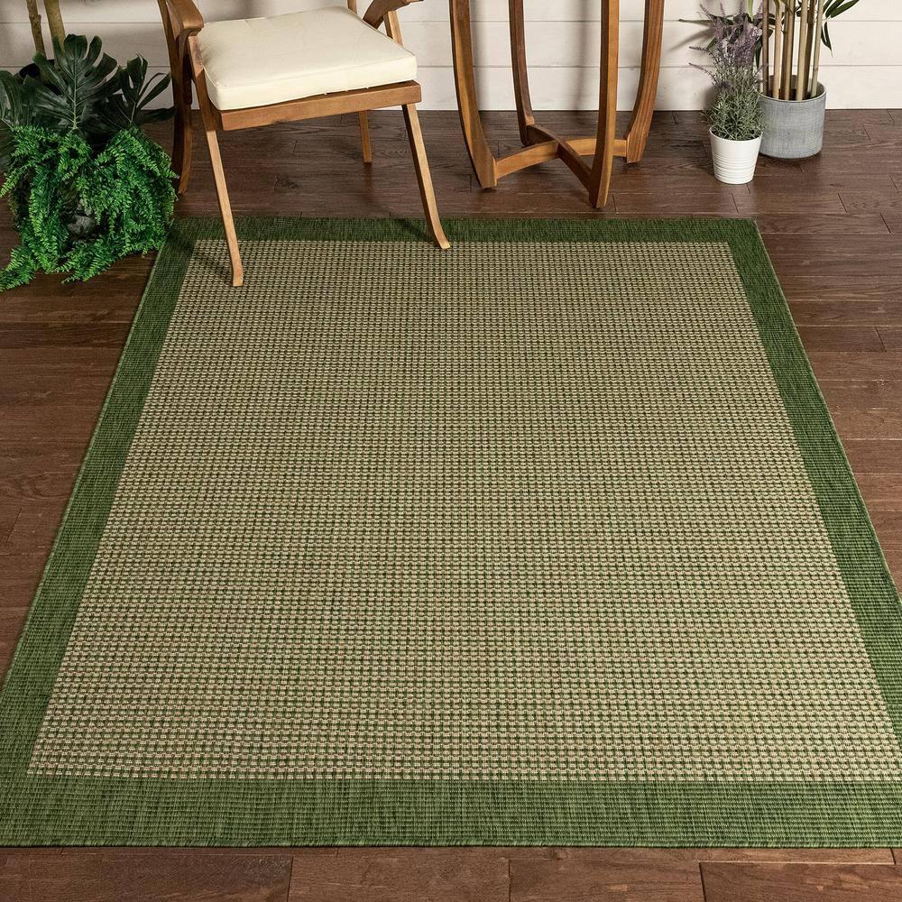 Marshanna Odin Solid Striped Border Indoor Outdoor Green Flatweave Rug