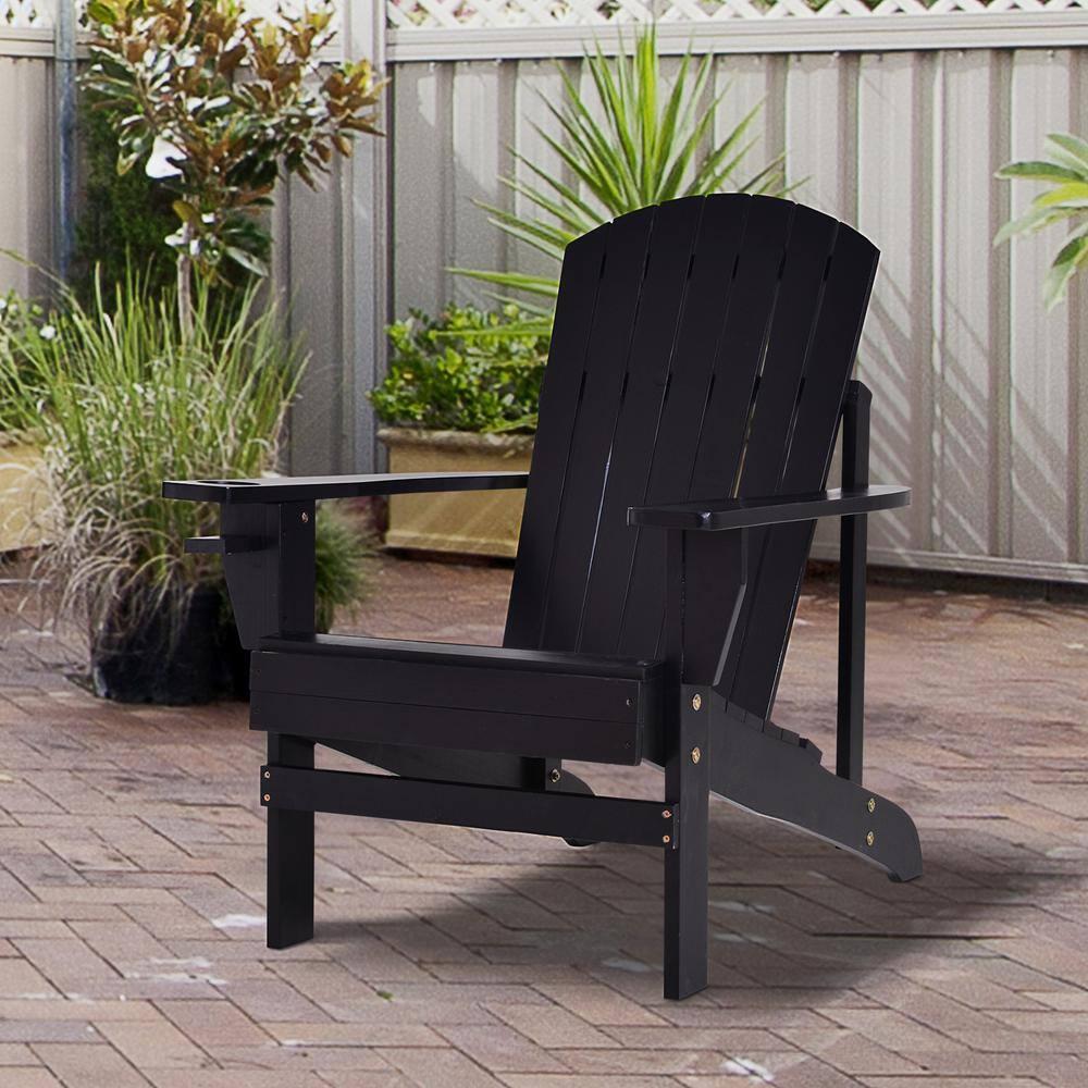 Outsunny Oversized Adirondack Chair, Outdoor Fire Pit and Porch Seating, Classic Log Lounge w/ Built-in Cupholder for Patio, Backyard, Black