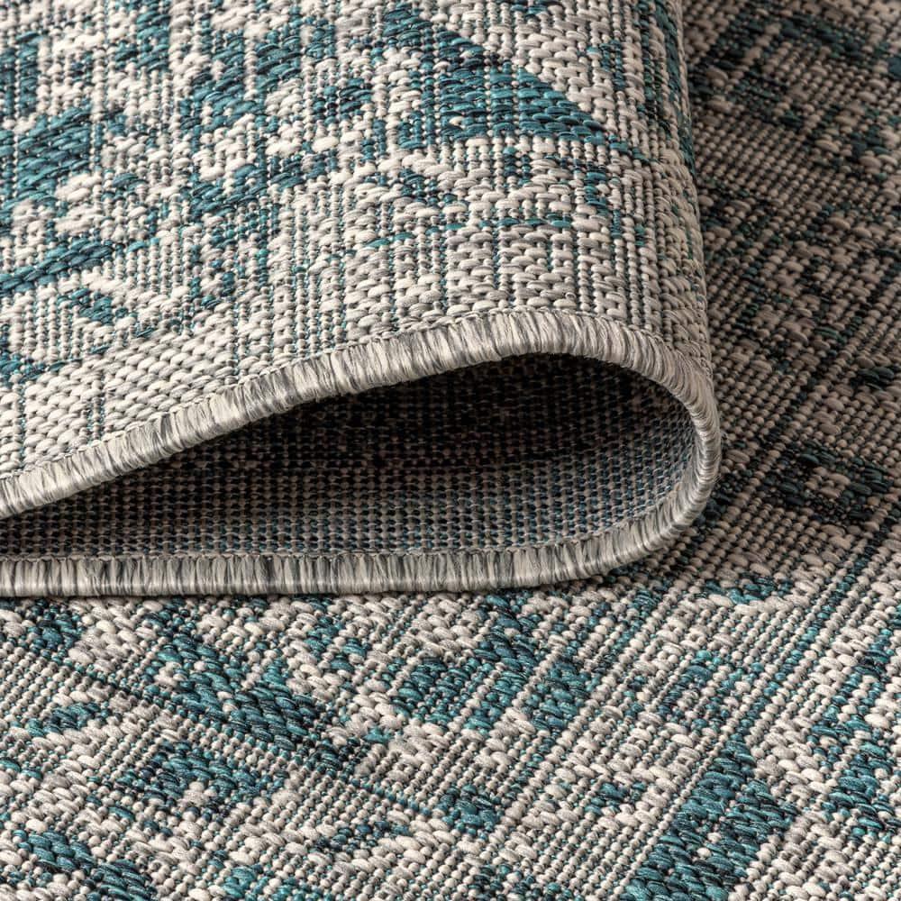 5' Square Rozetta Boho Medallion Textured Weave Indoor/Outdoor Area Rug, Gray/Teal - JONATHAN Y