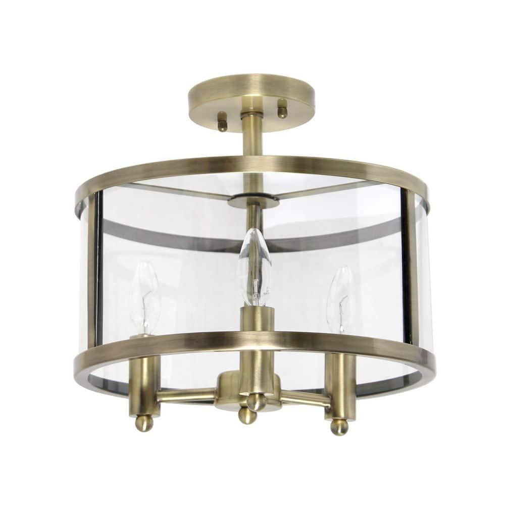 3-Light 13" Industrial Farmhouse Glass/Metallic Accented Semi-flushmount Ceiling Light Brass - Lalia Home: UL Listed, Metal Body, E12 Base