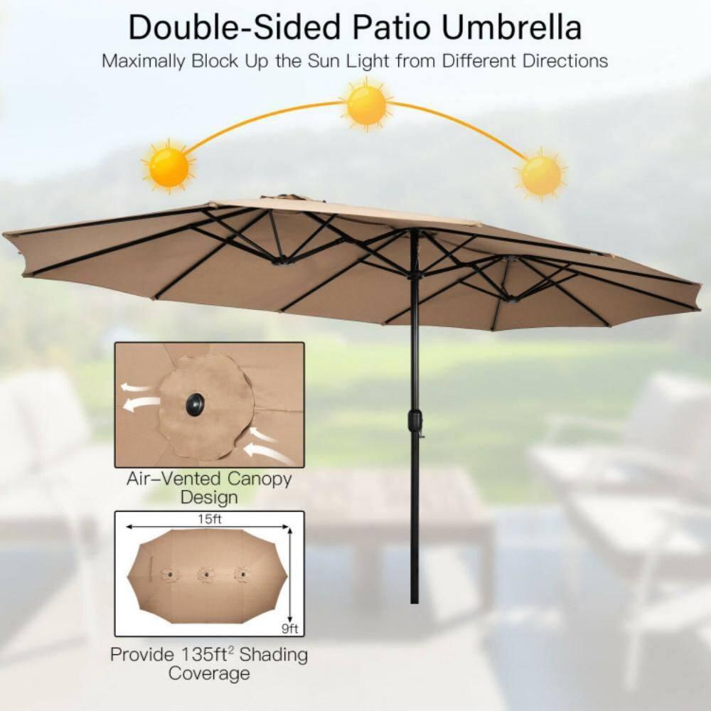 Costway 15FT Double-Sided Twin Patio Umbrella Outdoor Market W/ Crank & Base Coffee
