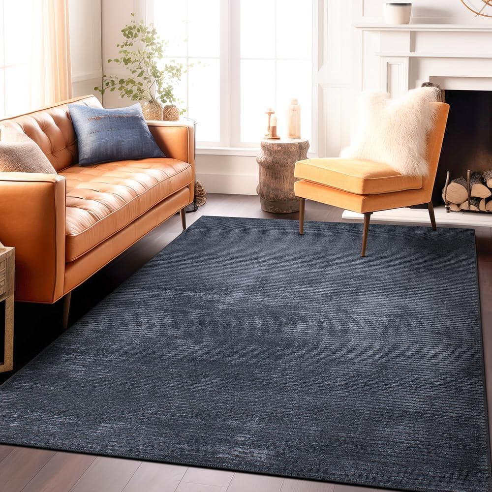 World Rug Gallery Contemporary Distressed Stripe Machine Washable 7'7"x9'6" Dark Gray Area Rug:  Stain-Resistant Flat Pile