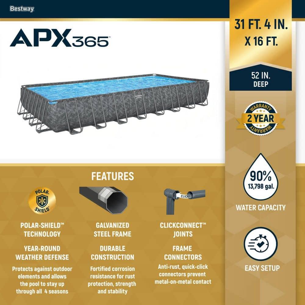 Bestway APX 365 Rectangular Above Ground Pool Set, 31'4" x 16' x 52"