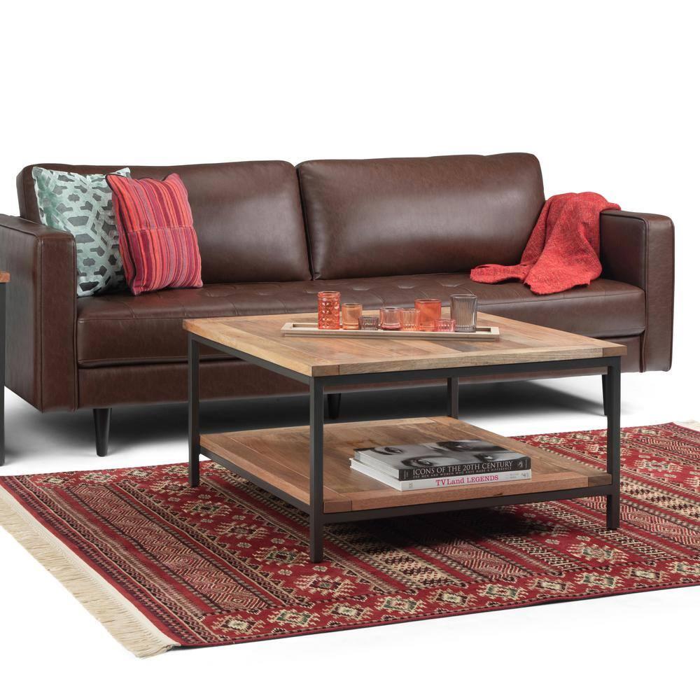 Simpli Home Skyler 34"W Solid Mango Wood Industrial Square Coffee Table with Open Shelf and Metal Frame