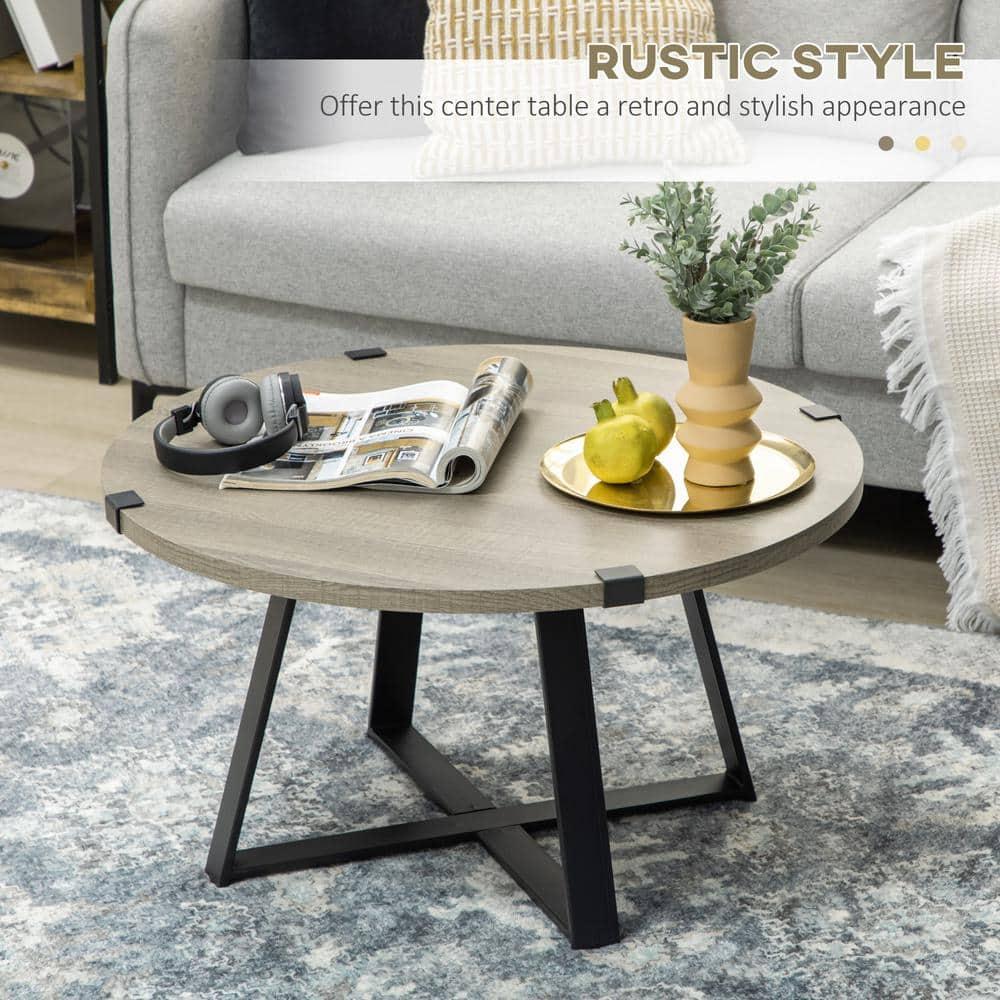 HOMCOM Round Coffee Table, Accent Center Table Steel Legs Living Room Furniture, Wooden Coffee Table, Light Gray