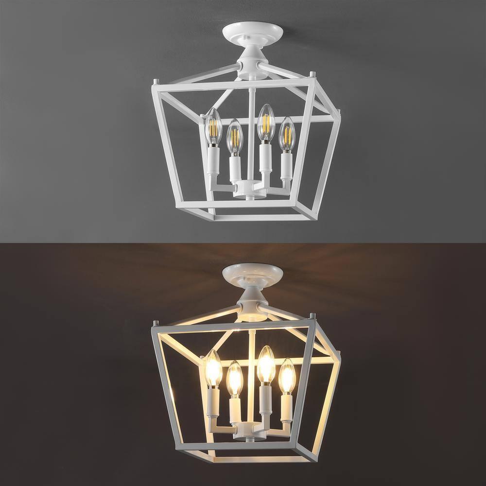 Plains Mini Lantern 12 in. 4-Light Iron Modern Farmhouse LED Flush Mount, White
