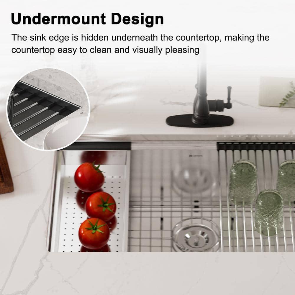 32 in. Undermount Single Bowl 18-Gauge Stainless Steel Kitchen Sink with Cutting Board, Rolling Drying Rack and Colander