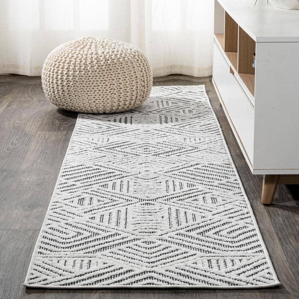 2'x8' Jordan High-Low Pile Art Deco Geometric Indoor/Outdoor Runner Rug, White/Black - JONATHAN Y
