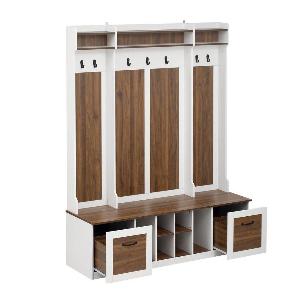 3 in 1 Hall Tree Coat Hanger Entryway Bench with 6 Hooks & Adjustable Shelves, Solid Wood Hallway Organizer with Storage Compartment for Hallway Living Room Mudroom, Brown