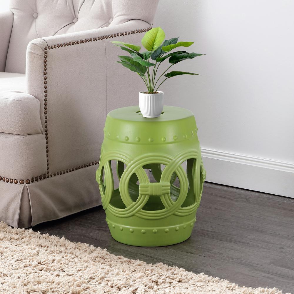JONATHAN Y Lucky Coins 16" Chinese Ceramic Drum Garden Stool, Matte Green