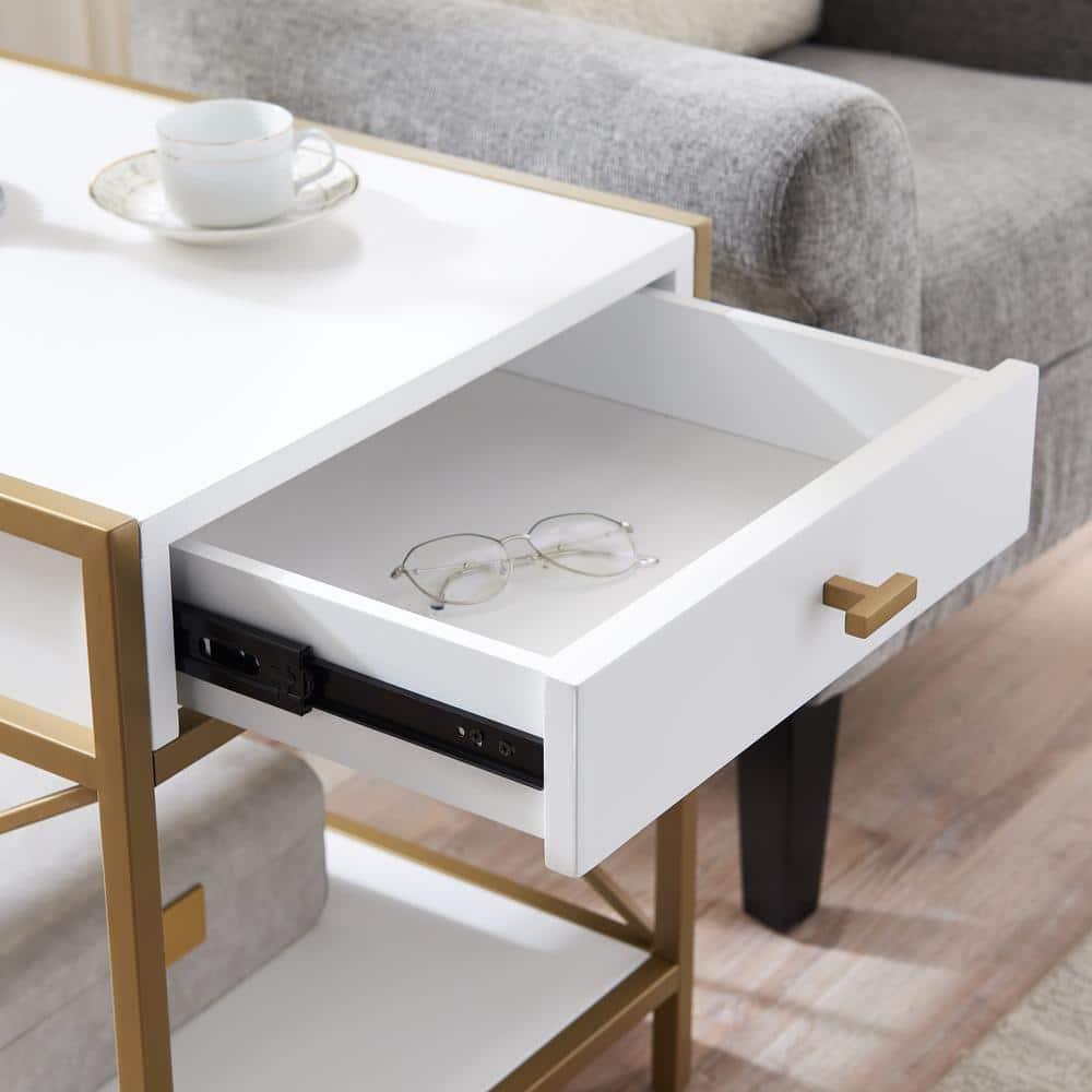 Leick Home Claudette Mixed Metal and Wood 1-Drawer End Table with Shelf, White/Gold