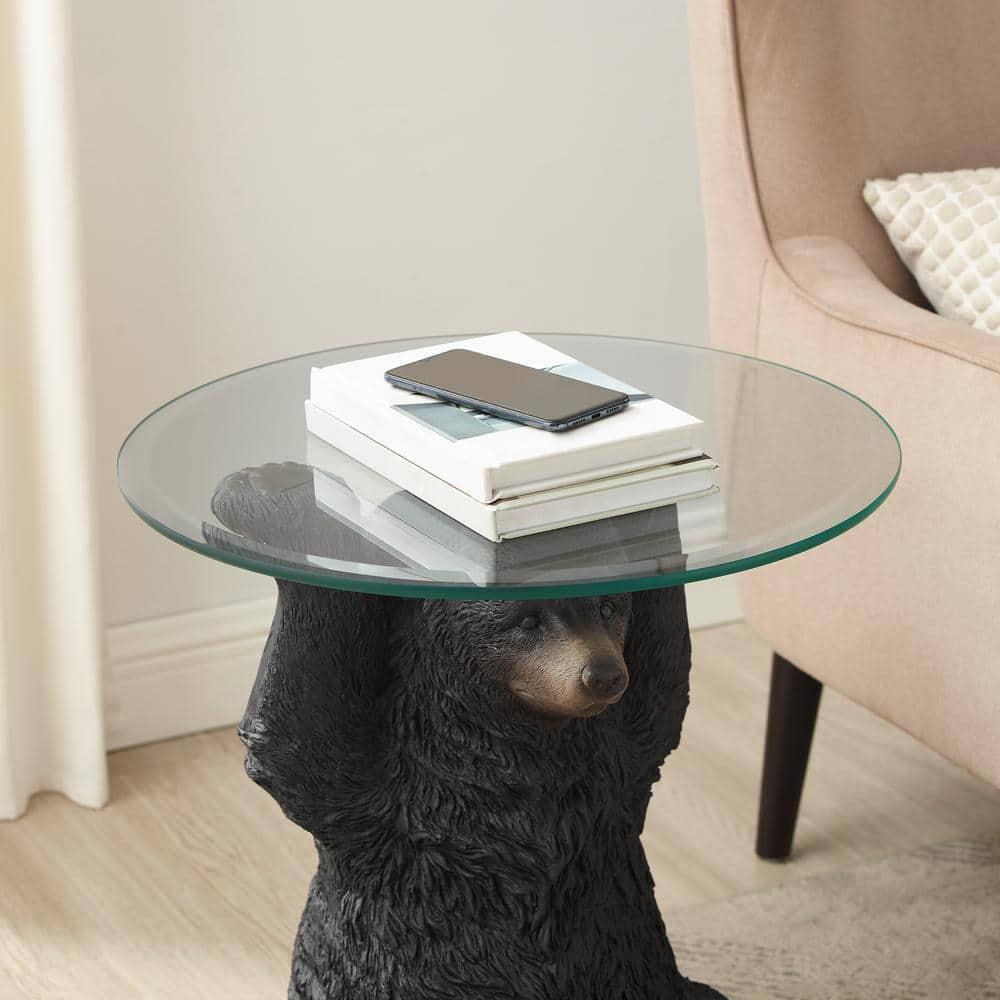 Linon Barney Bear Resin Accent Table Glass Top with Beveled Edge in Dark Brown
