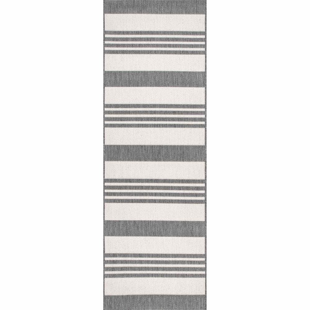 Nuloom Robin Striped 2x8 Indoor/Outdoor Runner Rug for Living Room Patio Deck Front Porch Entryway Hallway Kitchen, Light Grey/Ivory