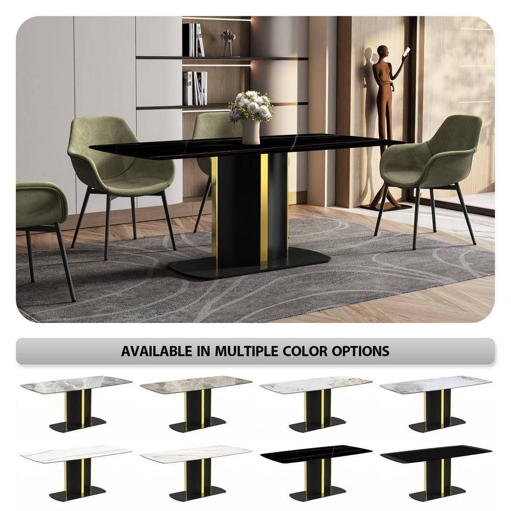 LeisureMod Sylva 62" Rectangular Dining Table Indoor Modern Kitchen Table with Sintered Stone Wide Top and Steel Pedestal Base in Black/Gold